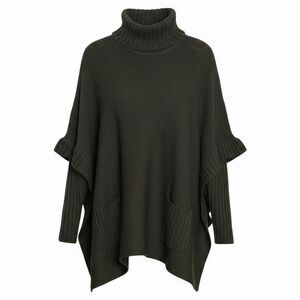 Design Lab Lord & Taylor Turtle Neck Knitted Ribbed Trim Pocho Sweater Green XS